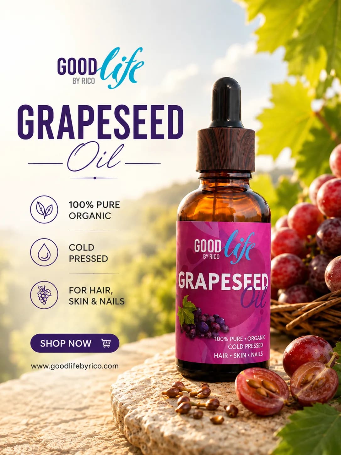 Organic Cold Pressed Grapeseed Oil (30 ml)| 100% Pure Grapeseed Oil for Hair, Skin & Nails